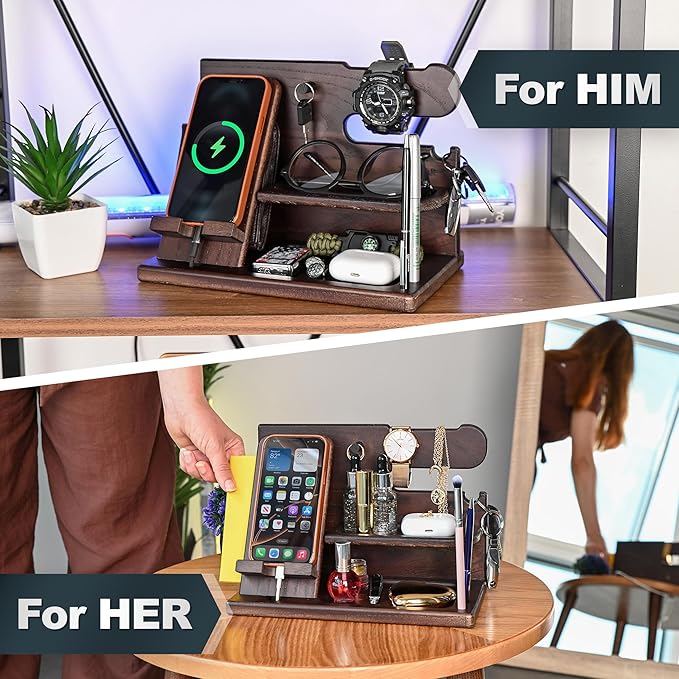 TESLYAR Wood Phone Docking Station for Men - Desk or Nightstand Organizer - Birthday Gifts for Husband, Dad - Anniversary Idea from Wife - Key Holder, Stand Wallet, Watch & Essentials (Wenge)