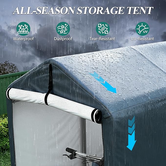 GARTOO 6 x 3ft Outdoor Cycle Storage Shelter - Bike Shed with Roll-up Door & Ventilate Window, Polyethylene Canopy Bicycle Garage for Garden, Domestic, Outdoor, Rain Shelter