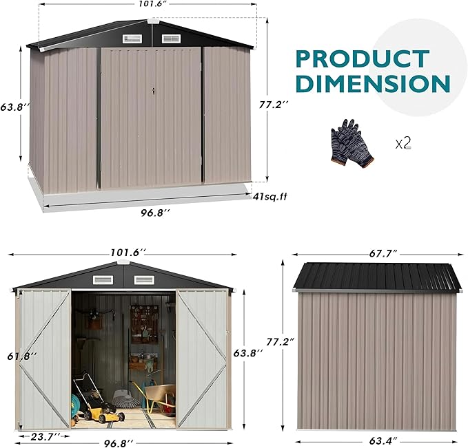 GVDV 8x6 FT Full Size Outdoor Metal Storage Shed, Durable Garden Shed with Reinforced Sidewall Girts & Updated Frame Structure, All-Weather Shelter for Backyard, Patio, Tool, Bike Storage (No Floor)