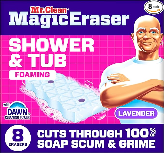 Mr. Clean Magic Eraser Sponge, Bathroom, Shower, Tub Cleaner, Soap Scum Remover, Bathroom Cleaning Supplies, Dawn Cleaning Power with Lavender Scent, Shower & Tub, 8ct