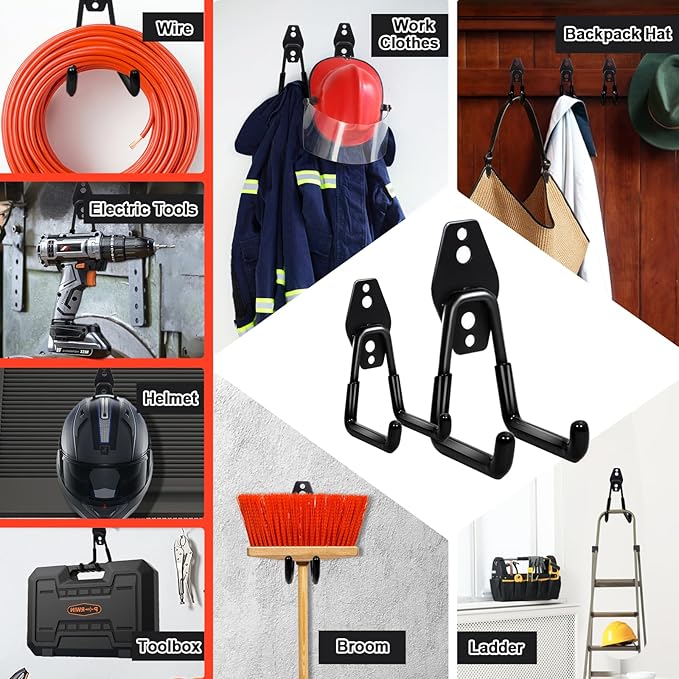 15pcs Garage Storage Wall Hooks - Heavy Duty Garage Hooks for Hanging Yard Tools Ladders Bikes Power Hose Shovel Metal Shed Hangers Organizer System