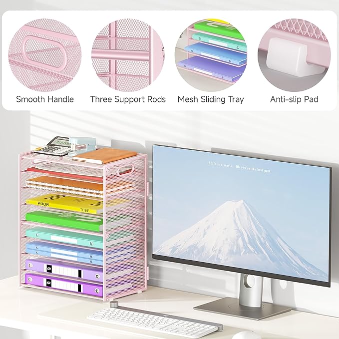 9 Tier Paper Organizer with Handle, Pink Large Capacity Desk Organizer Mesh File Folder Letter Paper Tray Desktop Document Sorter for Classroom, School, and Office Accessories Organization
