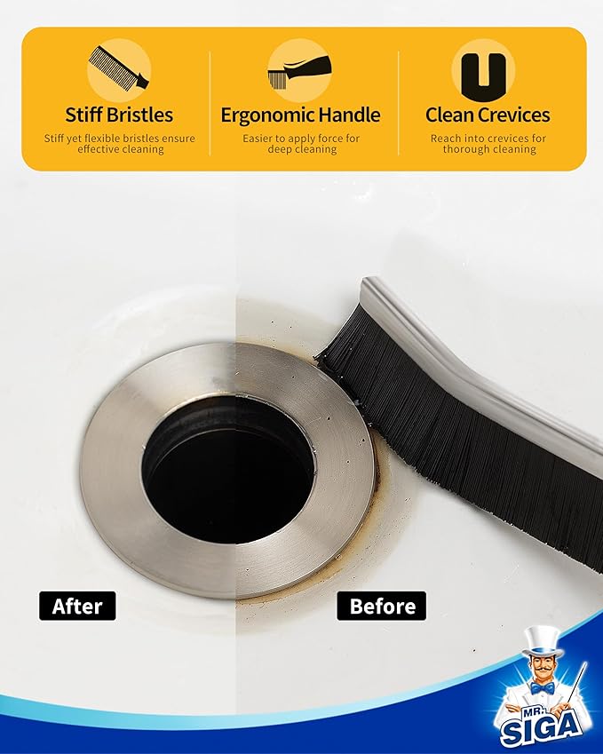 MR.SIGA Crevice Cleaning Brush with Handle, Heavy Duty Scrub Brush for Deep Cleaning, Flexible Grout Cleaner Brush, 5 Pack, Black