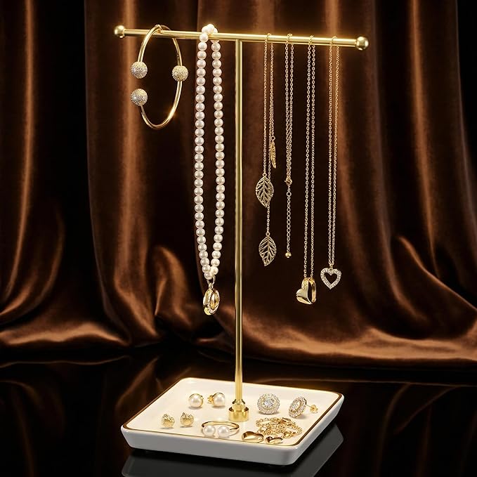 Jewelry Holder Stand with Ceramic Base: 12" Tall Necklace Organizer Rack, Tree Design Display Storage for Necklaces, Bracelets, Rings, Earrings, Aesthetic Vintage Room Décor (Gold)