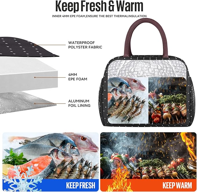 Lunch Bag Women/Men Lunch Box Women/Men (black polka dot)