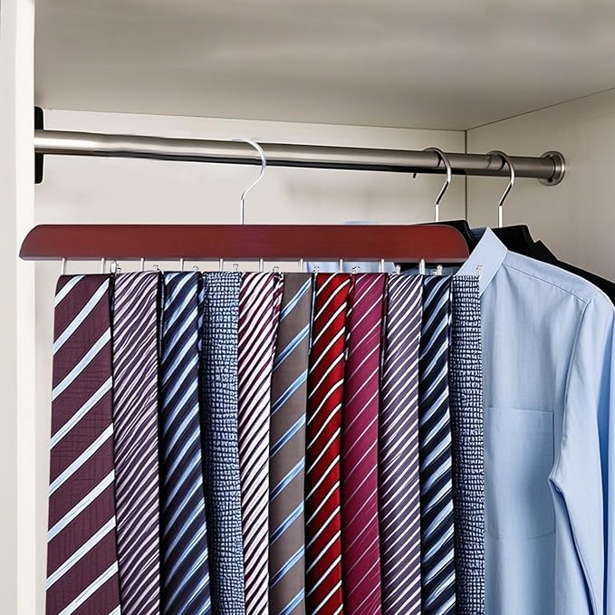 2pcs Red Tie Rack Hanger & Belt Hanger, Stainless Steel Tie Holder Organizer with 20 Folding Hooks Multipurpose 360° Swivel Belt Holder for Closet Storage, Men's Accessories