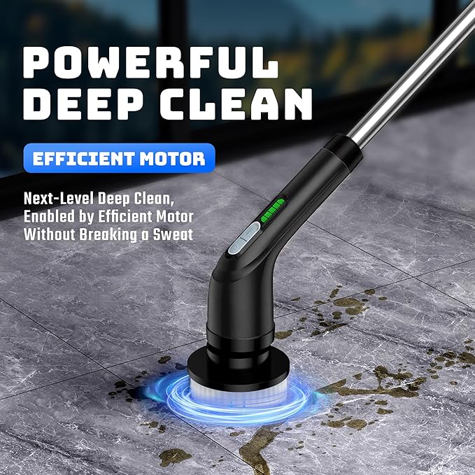 Shower Scrubber with Long Handle - Bathroom Power Electric Spin Scrubber for Cleaning Bathtub with 7 Brush Heads - Cordless IPX7 Waterproof Automatic for Grout, Tile, Tub, Toilet, Car
