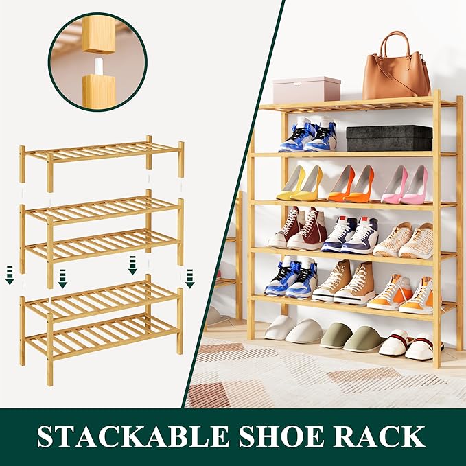 Smiry Shoe Rack, 5 Tier Bamboo Shoe Organizer, Stackable Free Standing Wooden Shoe Storage Shelf for Closet, Entryway, Front Door Entrance, Natural Bamboo