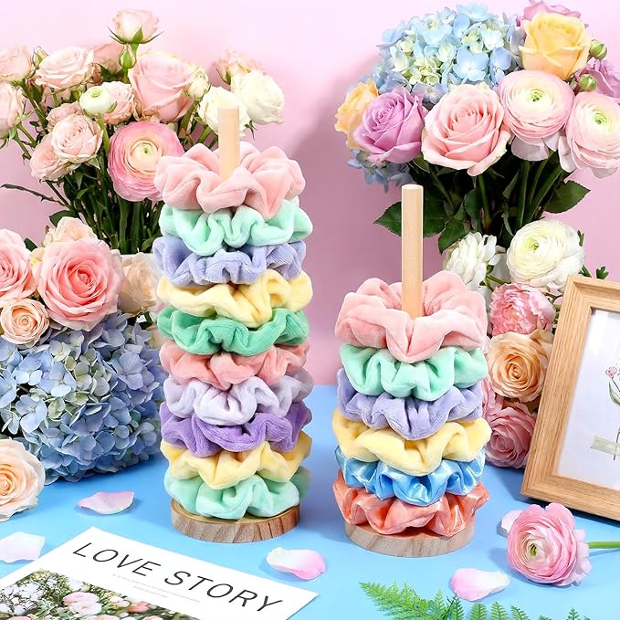 2 Pcs Scrunchie Holder Stand Hair Tie Organizer Vertical 15-20 Scrunchies Hairs Accessories Organizer Display Scrunchy Wood Hair Tie Holder Storage for Women Bathroom Bedroom Decor