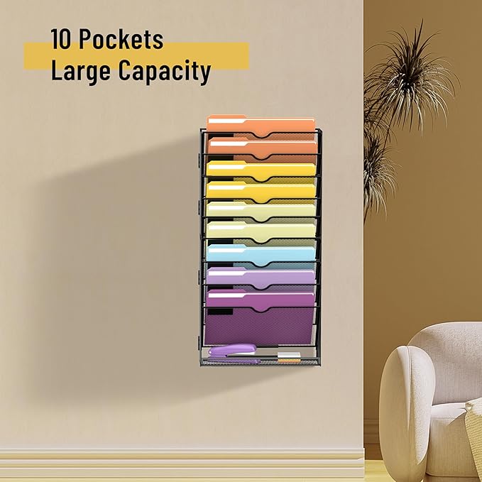 SUPEASY 10Tier Hanging Wall File Holder Organizer for Papers, Folders, Files Clipboard & Magazine Organization Great for Office Home, Assembly Needed, Black