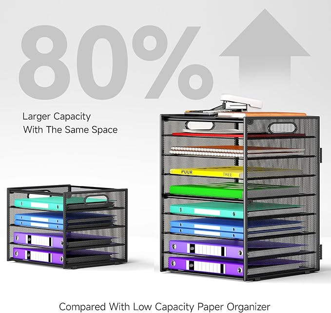9 Tier Paper Organizer with Handle, Black Large Capacity Desk Organizer Mesh File Folder Letter Paper Tray Desktop Document Sorter for Classroom, School, and Office Accessories Organization