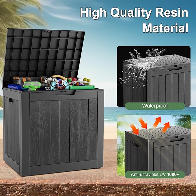 KAMABOKO Deck Box, 32 Gallon Resin Indoor and Outdoor Storage Boxes Waterproof for Garden Tools, Pool Accessories Storage Bench, Patio Furniture and Cushions with Lockable Lid, Black