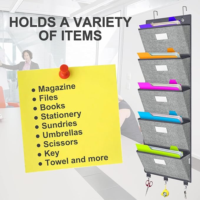 homyfort Over the Door Wall File Organizer, Hanging File Folders Organizer with 5 Large Pockets for Office and Back to School Supplies, Papers, Charts, Mails, Magazine Storage and Organization