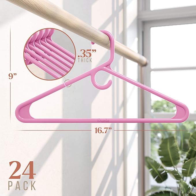 NEATERIZE Ultra Heavy Duty Plastic Clothes Hangers - Pink - Durable Coat, Suit and Clothes Hanger. Perchas De Ropa (24 Pack - Pink)