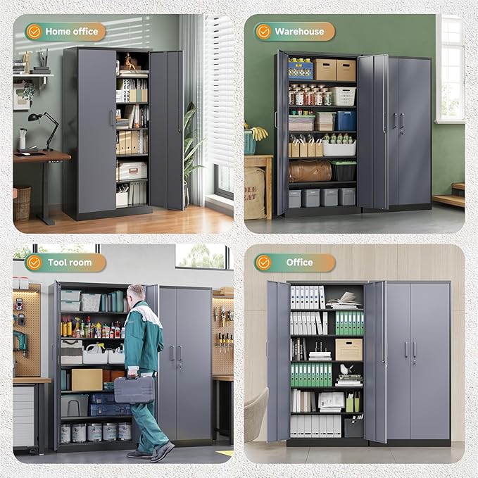 Letaya Metal Storage Cabinets with Lock Door and 5 Adjustable Shelves, Steel Garage Tool Organization Cabinets for Home,Utility Room, Warehouse,Lockers(71"-Black Gray) | Lock Door, 5 Adjustable Shelves, Garage, Lockers