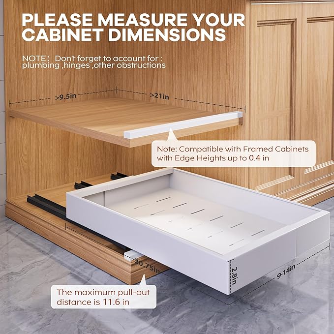 2 Pack Expandable Pull Out Cabinet Organizer 21" Deep with Raising Pad for Framed Cabinets,Upgrade 3 Slide Rails Slide Out Drawers,Roll Out Shelves Adhesive,Adjustable Width 9"-14.1" White