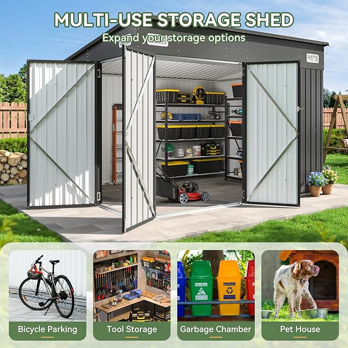 Aoxun 9.4'x7.3' Triple Door Shed Outdoor Storage Shed with Three Lockable Door for Easily Accessing Metal Storage Cabinet with Slopping Roof for Tools Bicycles Storage for Garden, Backyards (Black)