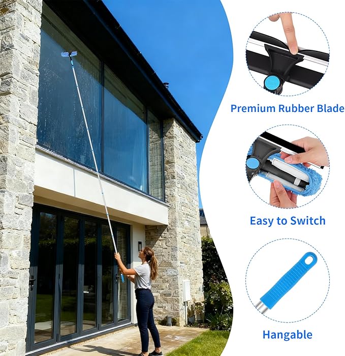 12.2FT/3.7M Window Cleaning Tools, Professional 2 in 1 Window Cleaner Tool Kit, 2 in 1 Extendable Squeegee Window Cleaner for high Windows, Car, Glass