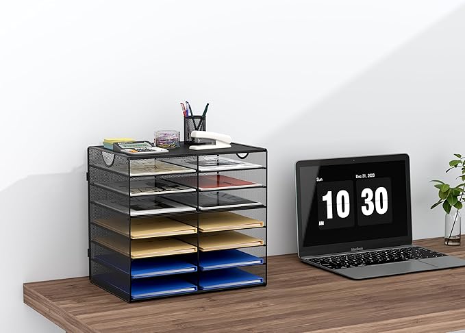 EasyPAG Paper Trays for Classroom 14 Tier Mesh Desk Organizer Shelves with Handle A4/Letter Size File Folder Organizer Shelf for Office, School, Home, Black