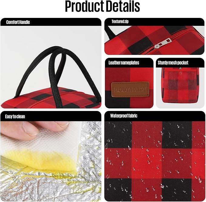 Lunch Bag Women/Men Lunch Box Women/Men (Red+Black Blocks)