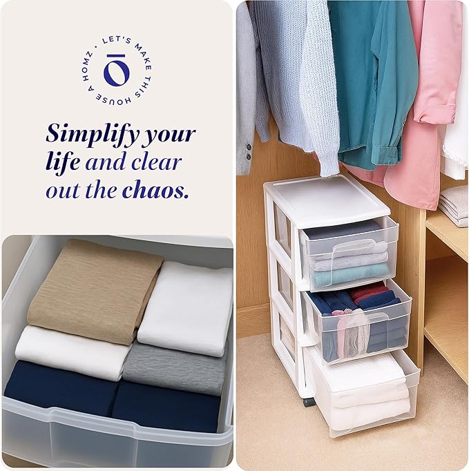 HOMZ Drawer Tower, 3-Tier Rolling Storage Cart with Removable Wheels, White Frame – Plastic Organizer with Clear Bin Drawers for Bedroom, Bathroom, Home Office, and Dorm Room