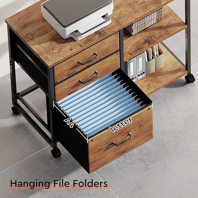 3 Drawer File Cabinet with Wheels Rolling Printer Stand with Open Storage Shelf Fabric Lateral Filing Cabinet for Home Office,Rustic Brown2