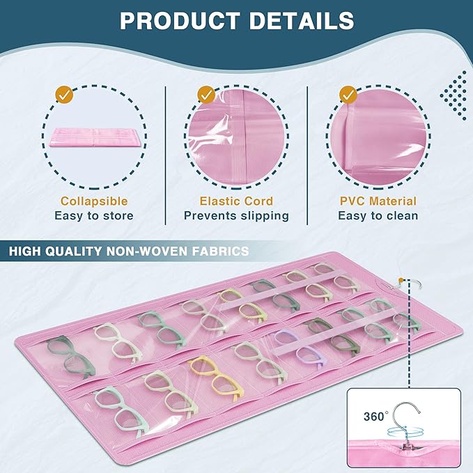 Hanging Sunglasses Organizer and Storage, Dual-Sided Sunglasses Case and Jewelry Holder, Wall-Mounted, 32 Clear Slots, Dust-Proof, Roof Design for Travel, Pink