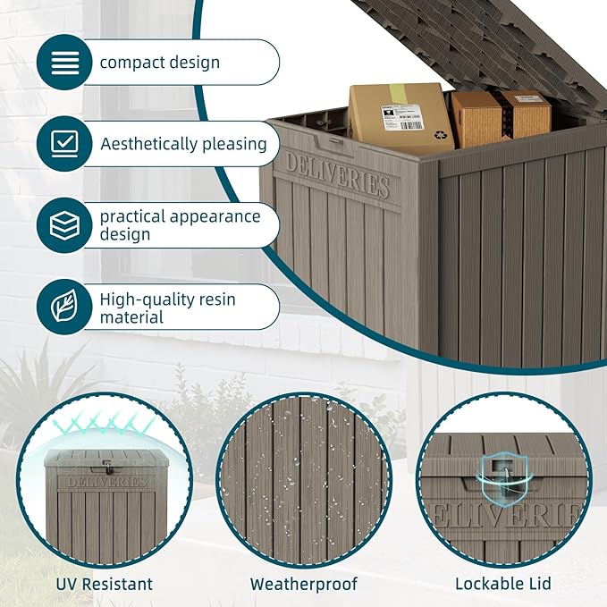 EasyUp Outdoor Package Delivery Box, 55-Gallon Lockable Parcel Drop Box, Large Double-Walled Resin Weatherproof Storage Deck Box for Porch and Patio (Gray)