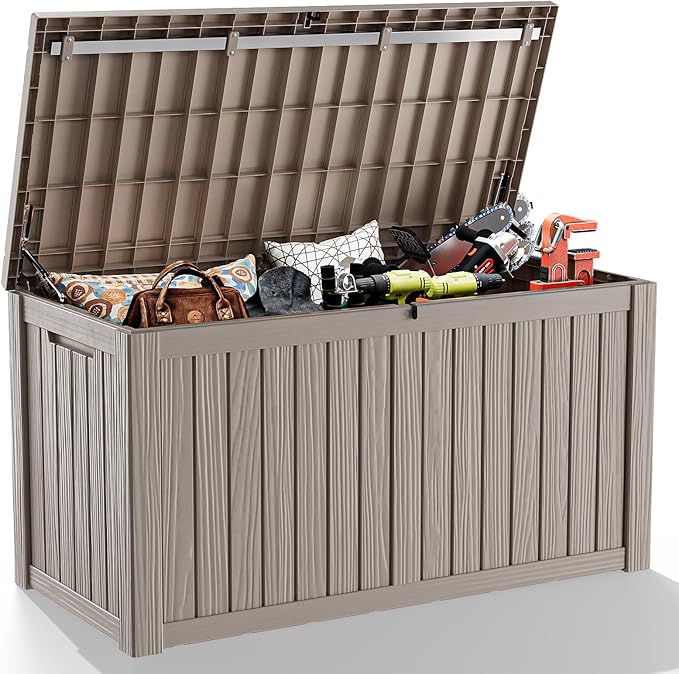 180 Gallon Outdoor Deck Box,Waterproof Resin Outdoor Storage Boxes, Outside Storage Lockable Container for Garden Tools,Indooor Cushions,Accessories (Grey)