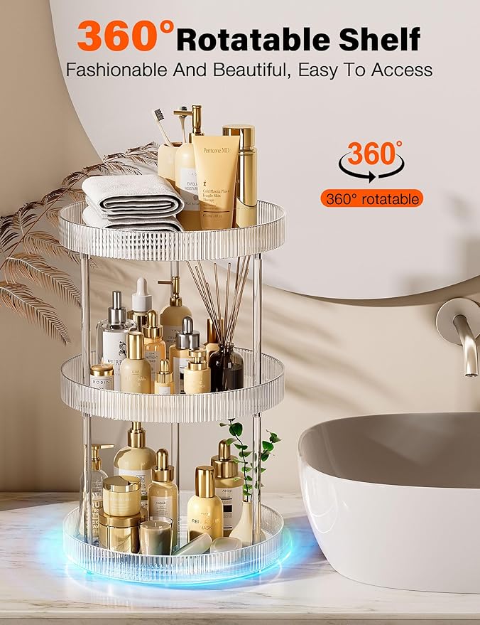 3 Tier Lazy Susan Bathroom Countertop Organizer, 360° Clear Rotating Makeup Cosmetic Perfume Storage Tray, Spinning Vanity Organizer Shelf for Bathroom Cabinet, Dresser, Kitchen(Large)