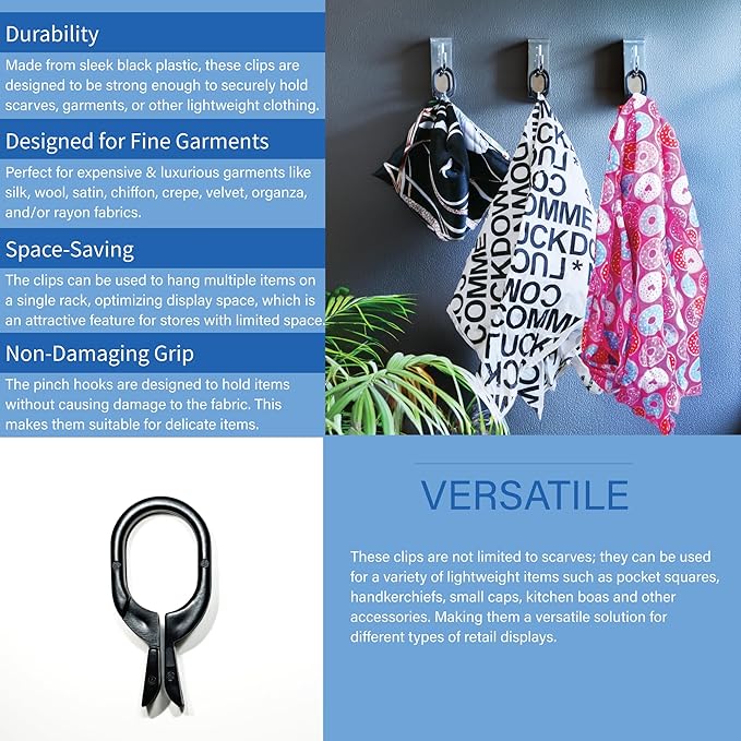 Black Scarf Clip Hangers for Retail, Economic Plastic Fine Garment Pinch Hooks, 200 Pack