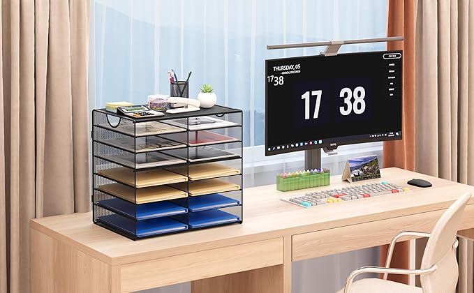 EasyPAG Paper Trays for Classroom 14 Tier Mesh Desk Organizer Shelves with Handle A4/Letter Size File Folder Organizer Shelf for Office, School, Home, Black