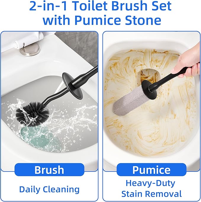 Toilet Brush and Holder Set with Pumice Stone – Long Handle Toilet Bowl Brush, Anti-Splash Scrubber, Ventilated Drip-Free Base, Deep Cleaner for Hard Water Stains, Limescale, Toilet Rings