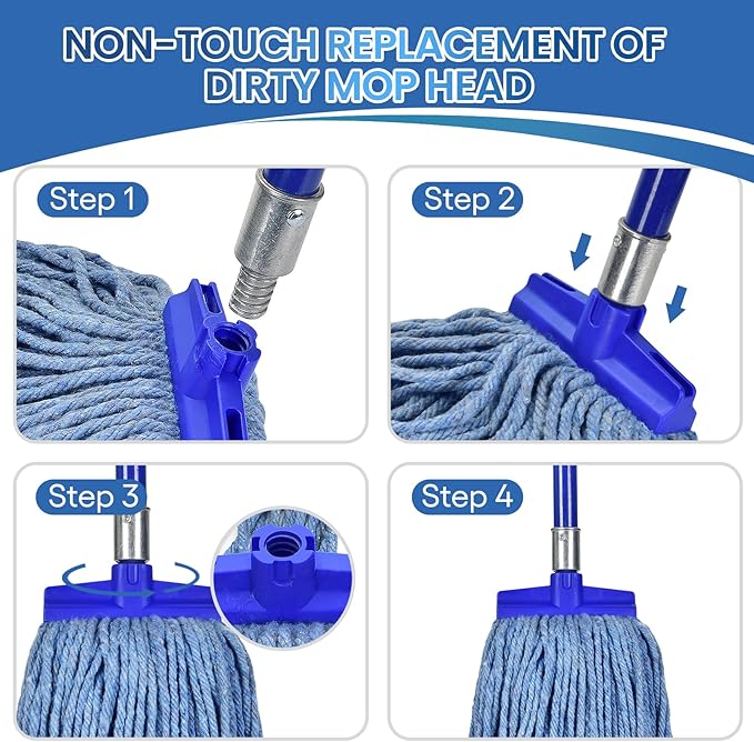 Matthew Cleaning Screw-on Heavy Duty Cotton Wet Mop Replacement Heads(Blue, Large,12 Pack) with 2 Pack Microfiber Cloth for Residential & Commercial Floor Cleaning Use- Fit Standard American Screw