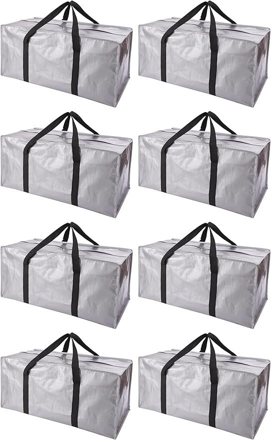 Extra Large Moving Bags with Zippers & Carrying Handles, Heavy-Duty Storage Tote for Space Saving Moving Storage, Fold Flat, Alternative to Box and Bin - 8 Pack, Silver