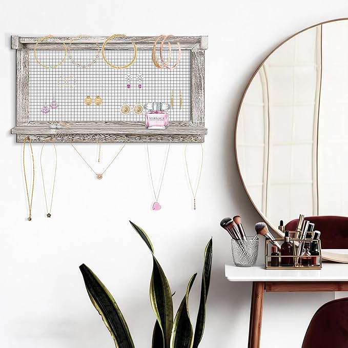 Rustic Wall Mounted Jewelry Organizer with Removable Bracelet Rod & Shelf - Multi-Functional Earring Holder, Necklace Organizer and Bracelet Stand with Hooks for Jewelry Storage and Display