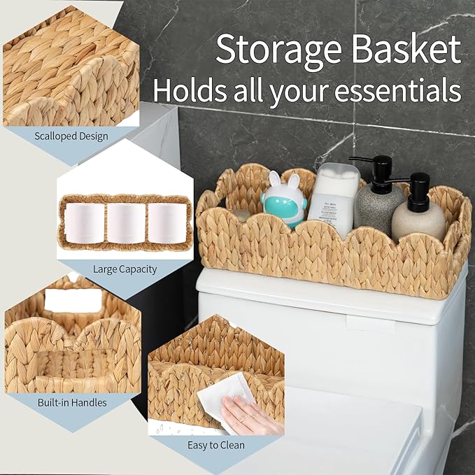2 Pack Toilet Baskets,Scalloped Edge Wicker Basket for Toilet Paper Storage,Small Baskets for Bathroom,Living Room,Countertop, Shelves,Both Organizer&Decor,Natural Water Hyacinth