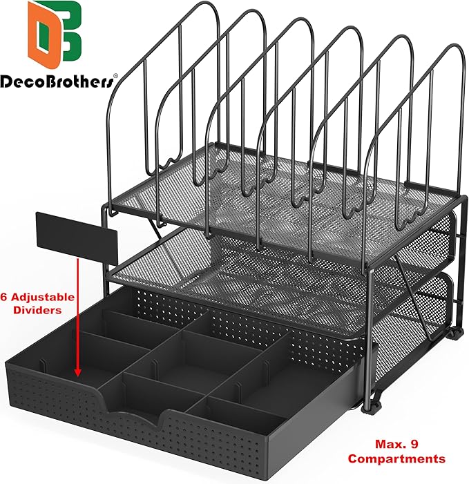 Deco Brothers Mesh Desk Organizer with Double Tray, 5 Upright Sections and Sliding Drawer, Black