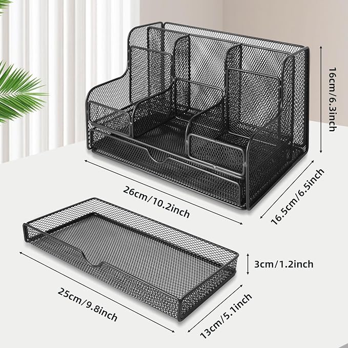 Black Mesh Desk Organizer Caddy and Accessories with 7 Compartments, Mesh Multifunctional Desktop Accessories Organizers Office Supplies Desktop Organizer for Home, Office