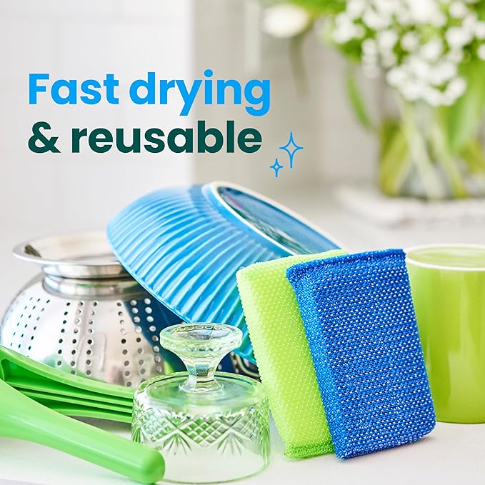 Scotch-Brite Blooms Dobie Scrubbing Pad, Non-Scratch Kitchen Sponge for Cleaning Dishes, Appliances, and Bathrooms, Raindrop Blue Dish Sponge that Dries Fast, 2 Pack