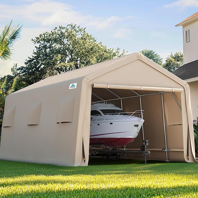 ADVANCE OUTDOOR 13x20 ft Garage Tent Carports with 2 Roll up Doors & Vents Outdoor Portable Storage Shelter for Vehicle Truck Boat Anti-UV Snow Resistant Waterproof, Beige