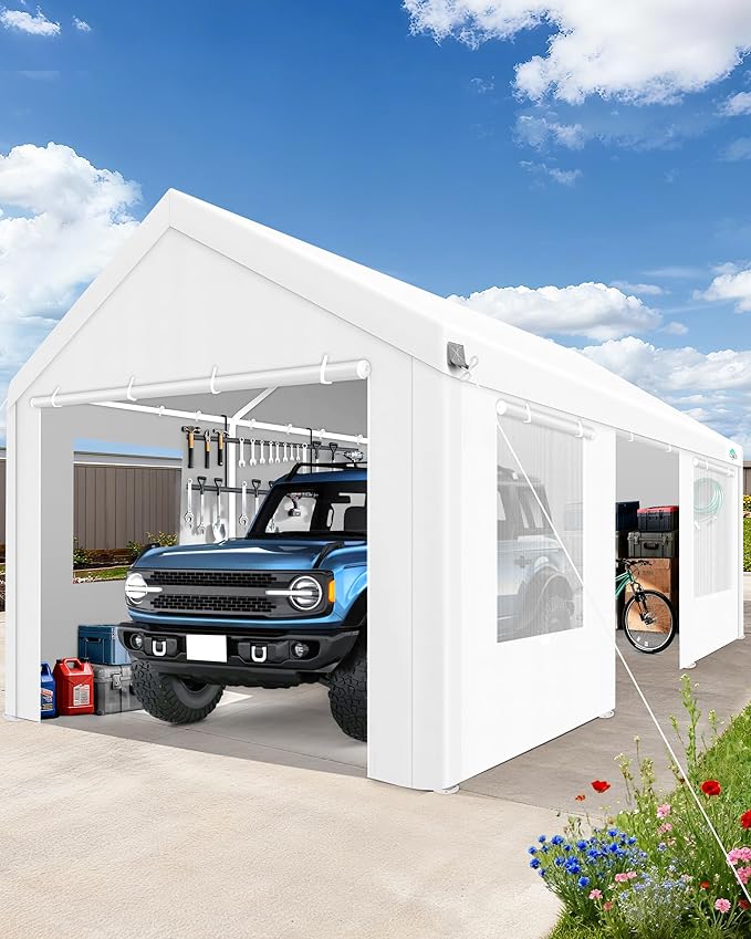 COBIZI Carport 12x20Ft Heavy Duty Portable Garage, 2.0 Powder Coated Frame(Better Than Galvanized), Waterproof Shelter with Removable Sidewalls & Windows, Built-in Sandbags, for Car/Boat/SUV, White