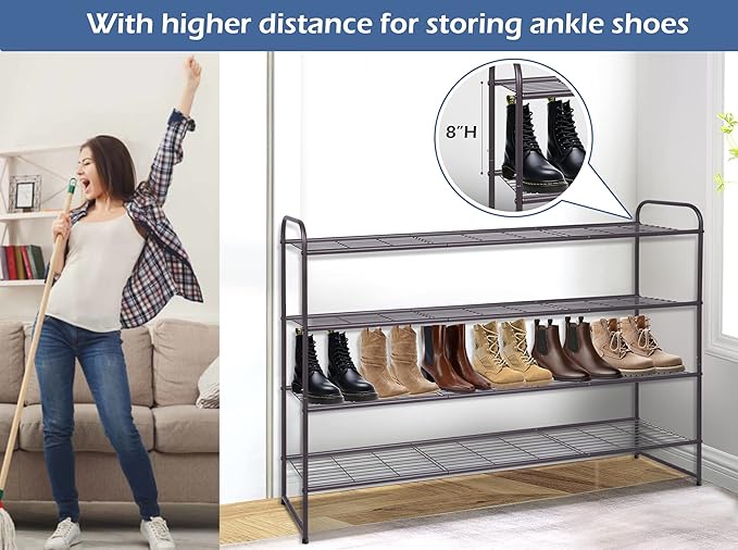 KEETDY 4-Tier Long Shoe Rack for Closet Metal Shoe Organizer for Entryway, Wide Stackable Shoe Storage Shelf with Sturdy Wire Grid for Closet Floor, Bedroom, Bronze