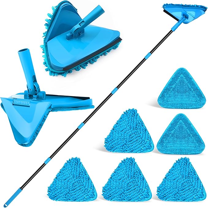 NEWE Wall Mop Cleaner with 80 Inches Long Handle, 180° Folding Ceiling Cleaning Tool with Squeegee (Blue)