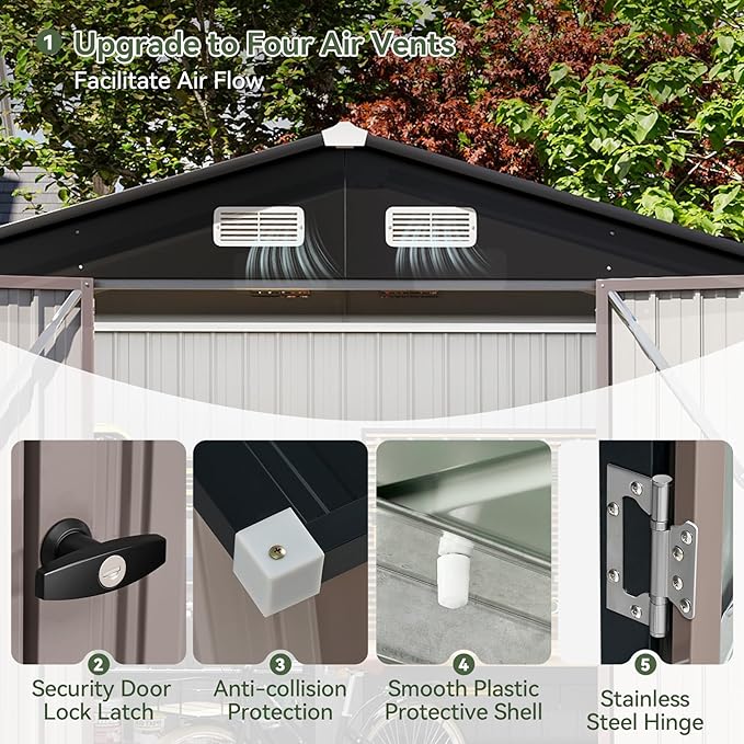 Aoxun 8x6 FT Outdoor Storage Shed with Base Garden Metal Shed with Lockable Door Outdoor Large Shed for Tool, Garbage Can, Bike, Mower, Brown