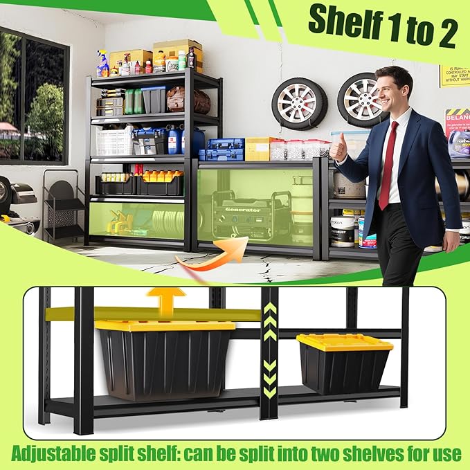 72" H Garage Shelving,Heavy Duty Garage Storage Shelves,Metal Shelving Unit,5 Tier Adjustable Steel Utility Shelf,Use for Basement,Warehouse, Pantry Closet,Black