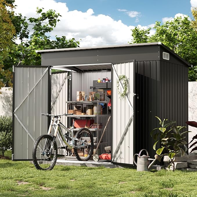 7.5'x4' Large Outdoor Shed with 3-Lockable Door & Sloping Roof, Heavy-Duty Galvanized Metal Garden Storage for Bikes, Tools, Snow Blowers (Black)