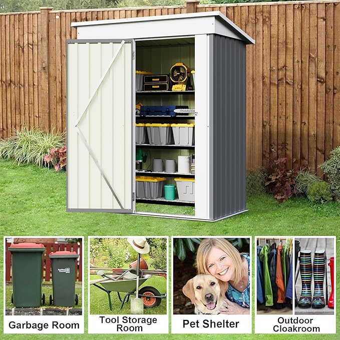 JUMMICO Metal Outdoor Storage Shed 5 x 3 FT Metal Shed with Lockable Door,Waterproof Garden Tool Shed Storage House for Backyard Patio Lawn,Grey