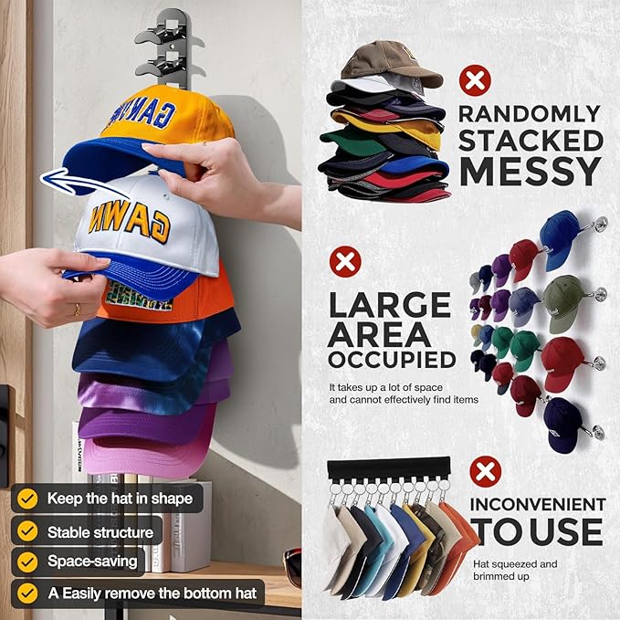 Hat Organizer for Baseball Caps, Hat Rack for Wall Closet Door Hold up to 10 Hats,Hat Holder with Adhesive and 4 Screws, Hat Hanger Cap Holder Hat Hangers for Wall Closet Door Bedroom(1pc,B-Black)