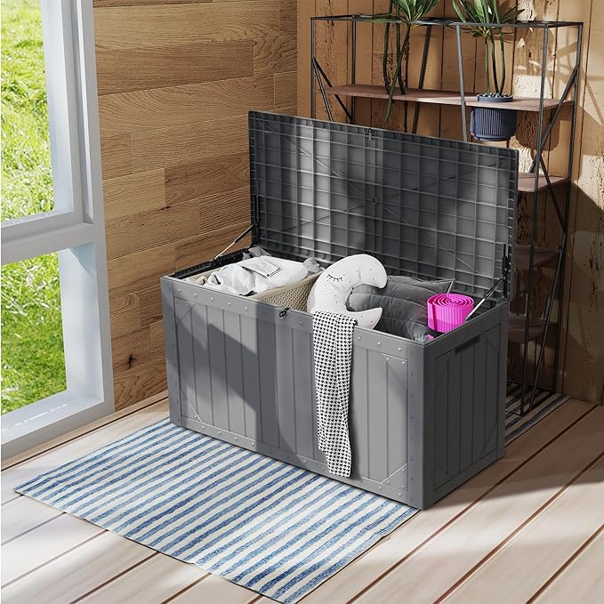 100 Gallon Waterproof Large Resin Deck Box，Storage Box for Patio Cushions(Grey)
